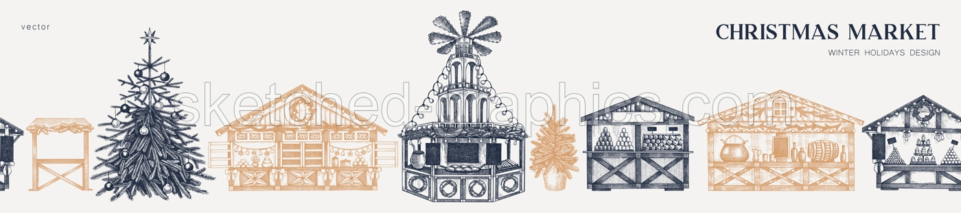 Christmas market background. Hand drawn vector illustration.  Holiday marketplace border design. Vintage seamless pattern. Christmas tree, wooden stall, candy shop, bakery, mulled wine sketches  Illustration